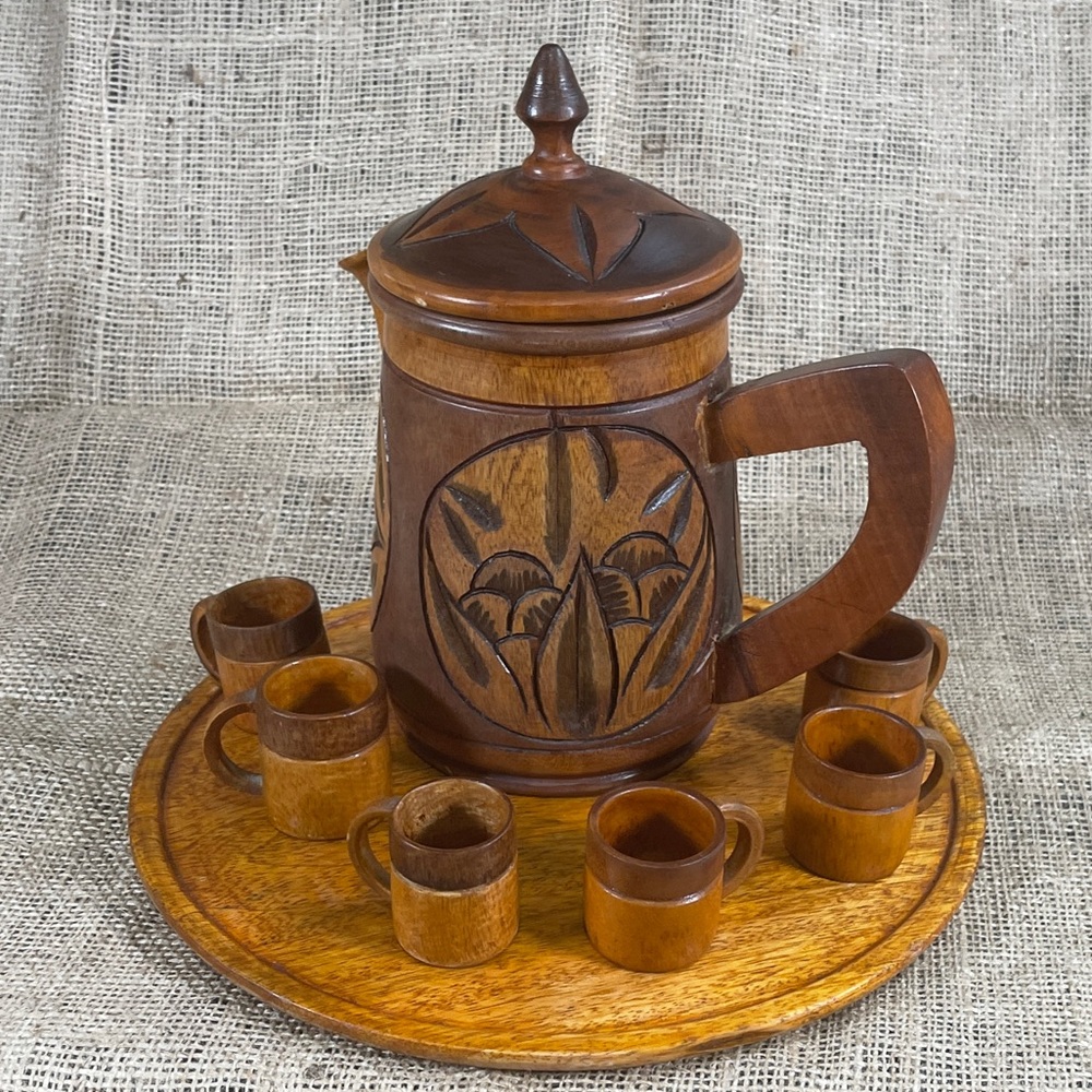 *Handmade Wooden Carving Coffee Pot Set & Caneca